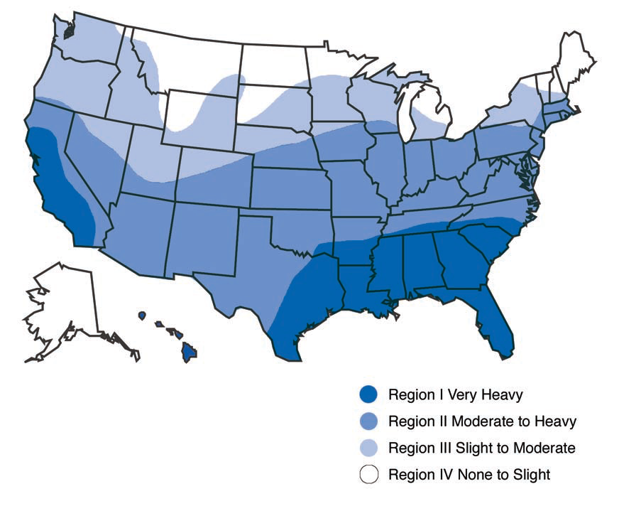 Map showing areas where properties are subject to pest inspections as part of the VA home appraisal to meet minimum property requirements.